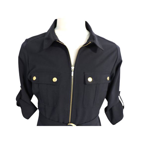 Sharagano Navy Blue Shirt Dress Gold Accents & Belt Size 12 - Picture 2 of 9